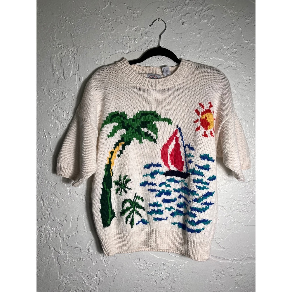 Cream Short-Sleeve Crewneck Sweater with Tropical Sailboat Motif
